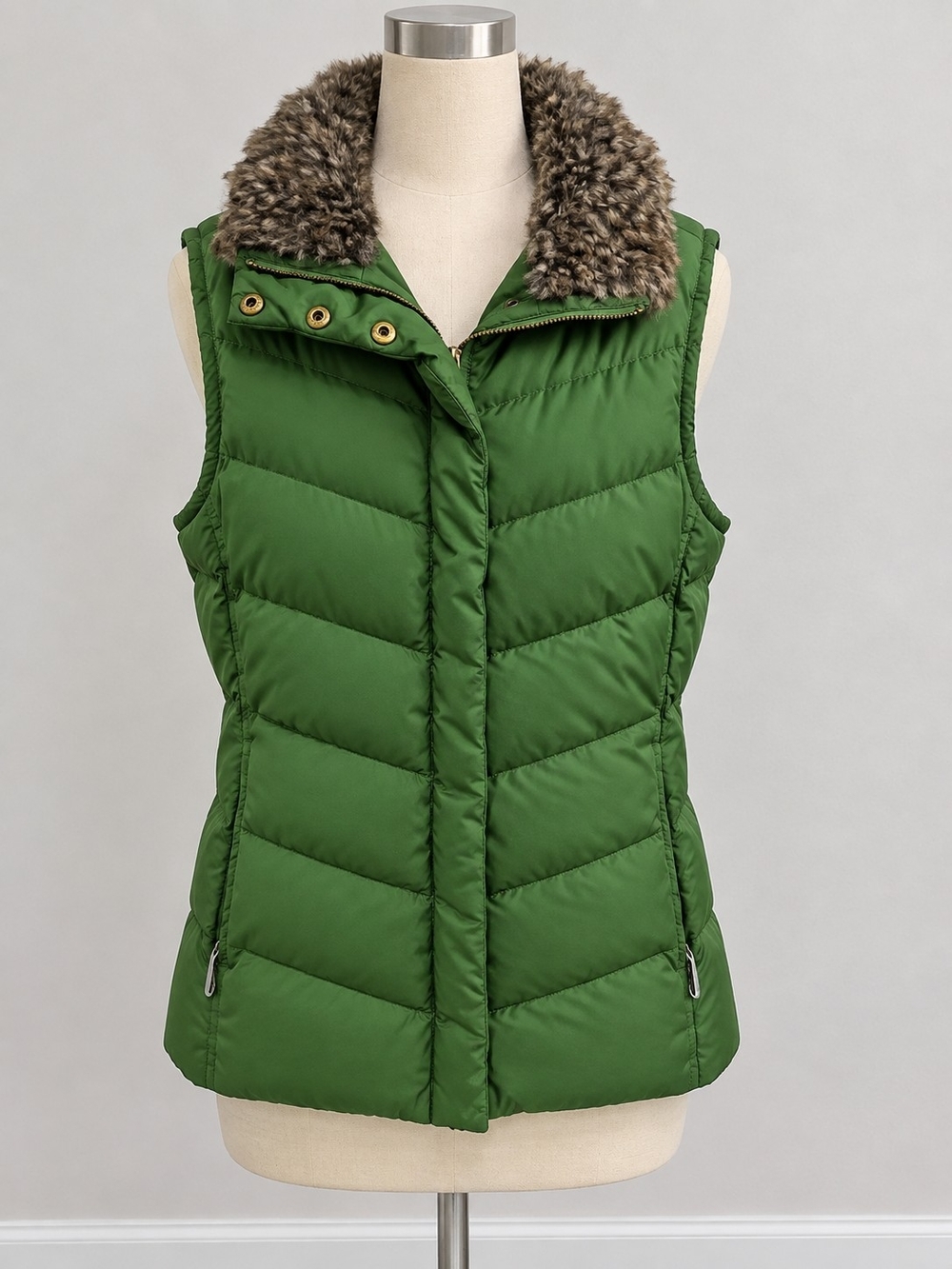 Green Quilted Faux-Fur Collar Puffer Vest